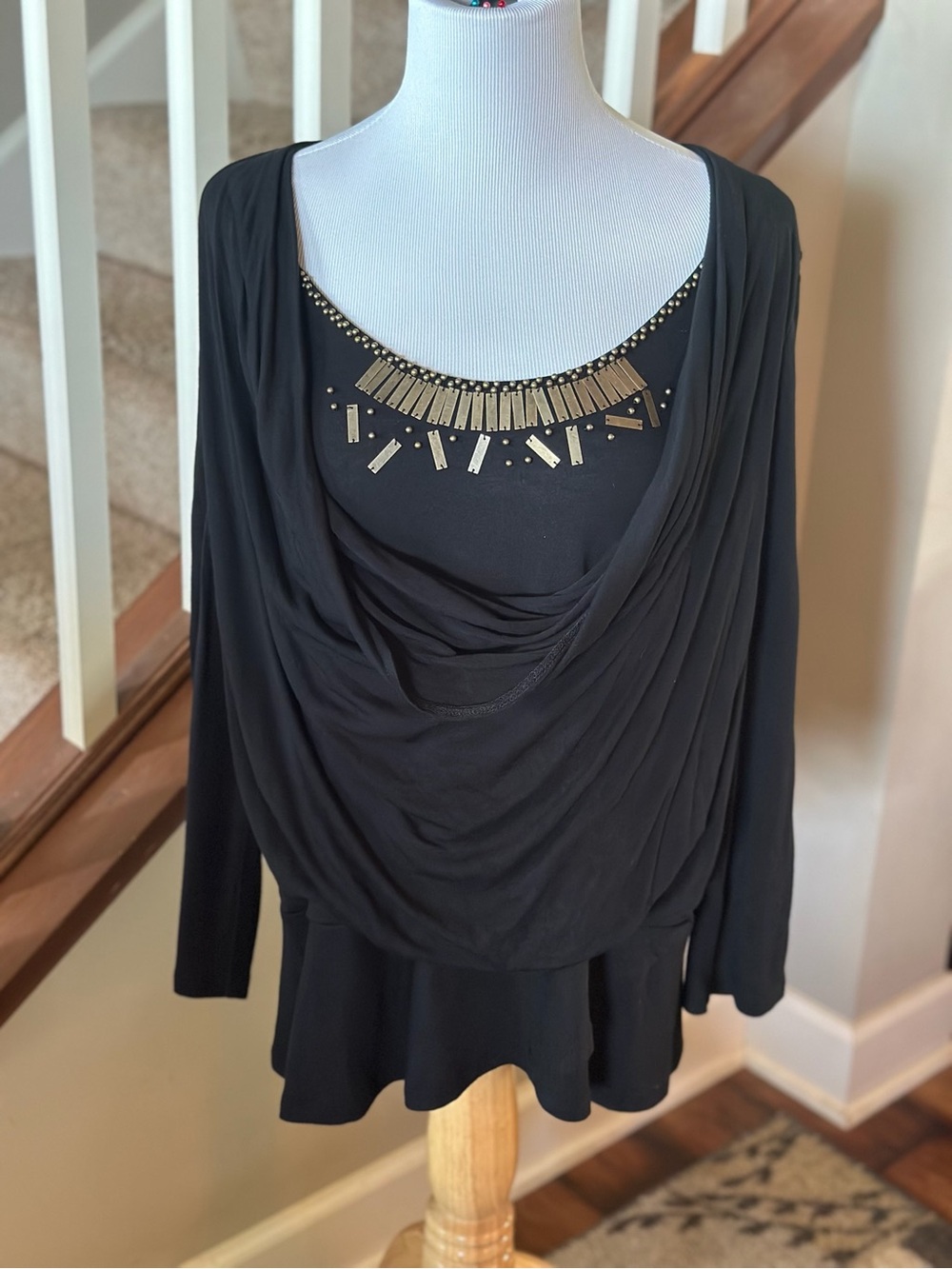 Rafaella Black Draped Long-Sleeve Top with Gold Accent Necklace - C1067